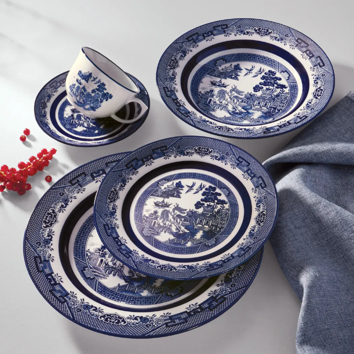 Oxford Flamingo-Blue Willow Porcelain 20 Piece Dinnerware Set 01