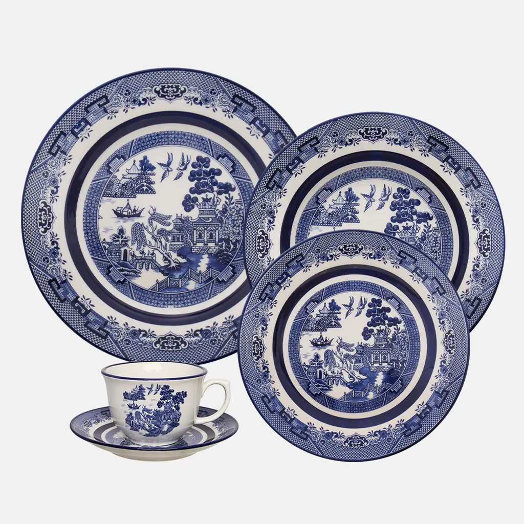 Oxford Flamingo-Blue Willow Porcelain 20 Piece Dinnerware Set Service for 4